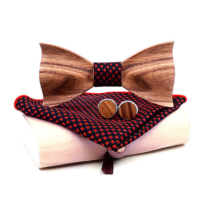3Pcs Men's Classic Simple Wooden Bow Tie Set - Red - Style #1 - image 0