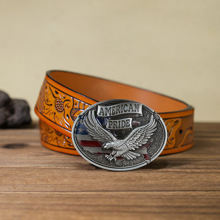 Men's DIY American Pride Eagle Buckle Leather Belt - Eagle - Orange Carved Belt (40) - image 16