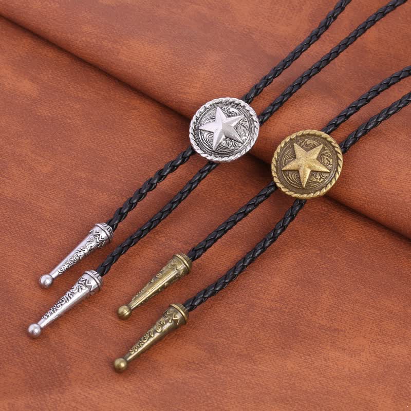 Five-Pointed Star Braided Leather Cord Bolo Tie - image 1