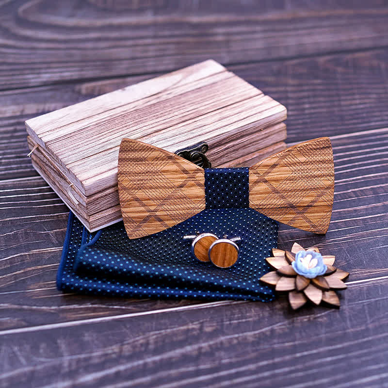 4Pcs Men's Classic Plaids Wooden Bow Tie Set - image 2