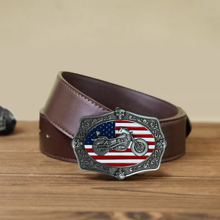 Men's DIY Motorcycle USA Flag Skull Buckle Leather Belt - Motorcycle - Brown PU Belt (40) - image 7