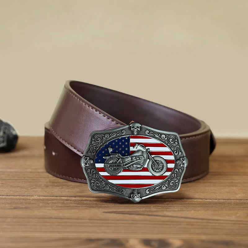 Men's DIY Motorcycle USA Flag Skull Buckle Leather Belt - Motorcycle - Brown PU Belt (40) - image 7