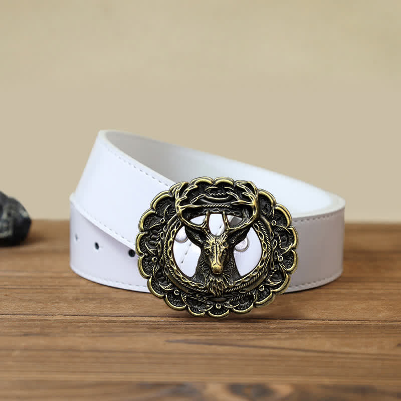 Men's DIY Hollow 3D Elk Antler Buckle Leather Belt - Antique Bronze - White PU Belt (40) - image 8