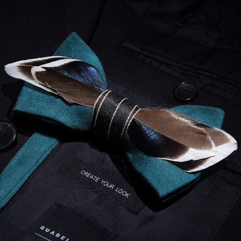 Green Mallard Duck Feather Bow Tie with Lapel Pin - image 1