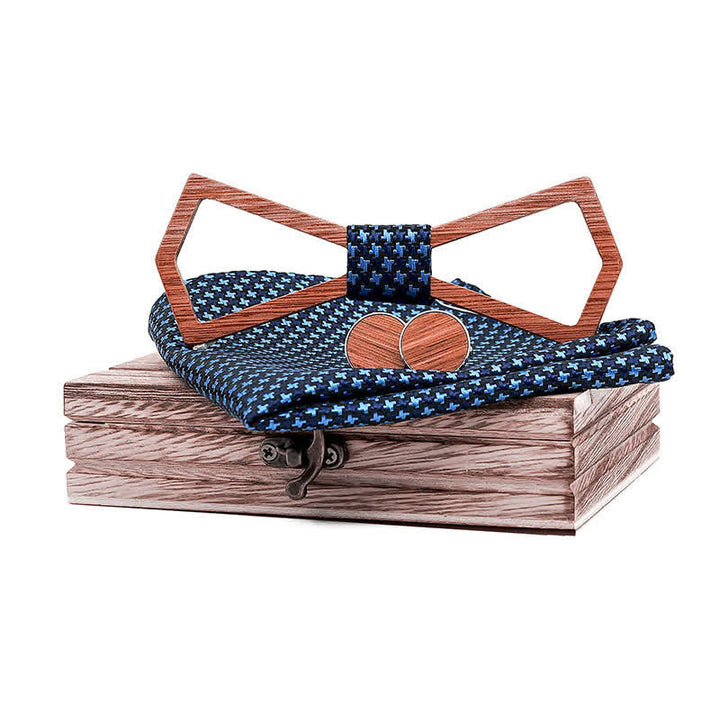 3Pcs Men's Hollow Carved Design Wooden Bow Tie Set - Navy Star - image 0