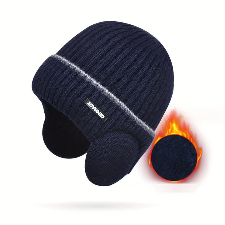 Unisex Solid Color Earflap Elastic Thickened Knit Hat - Navy - Adjustable (21 5/8"-23 5/8") - image 15