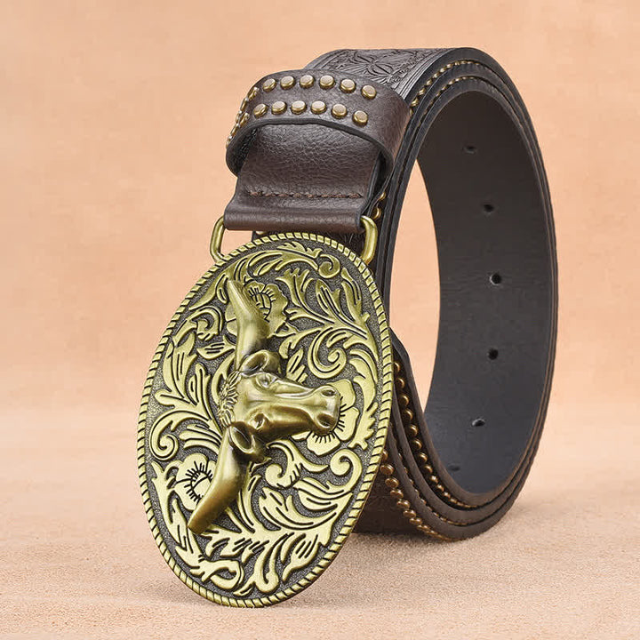 Men's Bull Head Rivet Embossed Leather Belt - Coffee - 44 - image 10