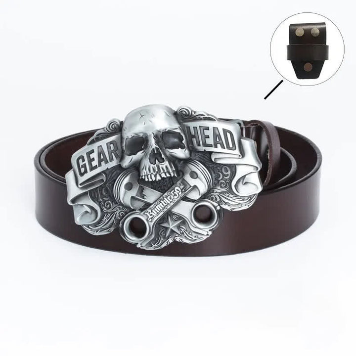 Men's Fancy Skull Gear Head Punk Leather Belt - Leather Linker - Brown - 46 - image 14