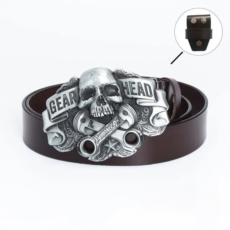 Men's Fancy Skull Gear Head Punk Leather Belt - Leather Linker - Brown - 46 - image 14