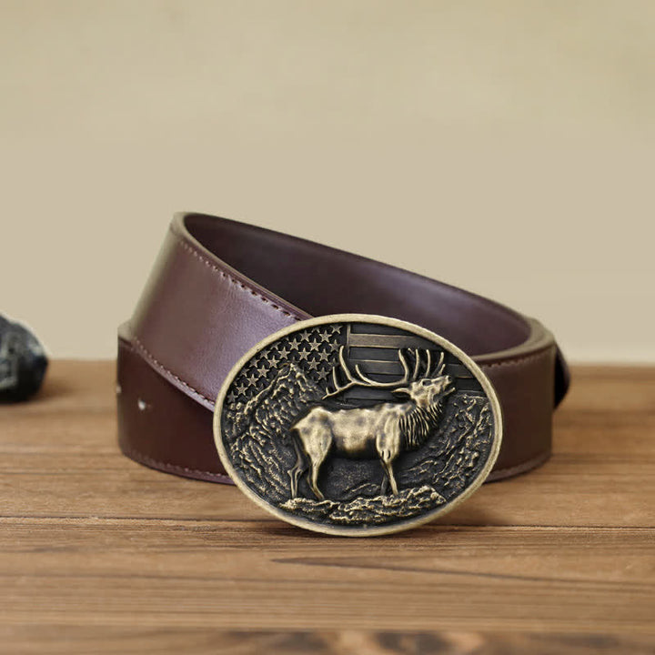 Men's DIY Elk Deer American Flag Buckle Leather Belt - Antique Bronze - Brown PU Belt (40) - image 13