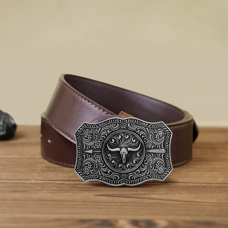Men's DIY Long Horn Bull Arrow Buckle Leather Belt - Antique Silver - Brown PU Belt (40) - image 12