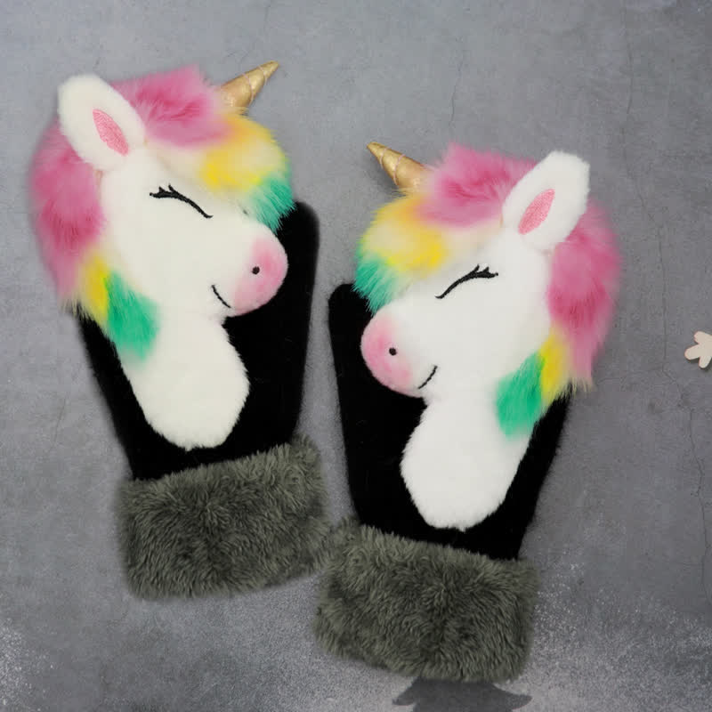 Women's Cute Animal Furry Mittens Gloves - Squint-Eyed Unicorn - image 11