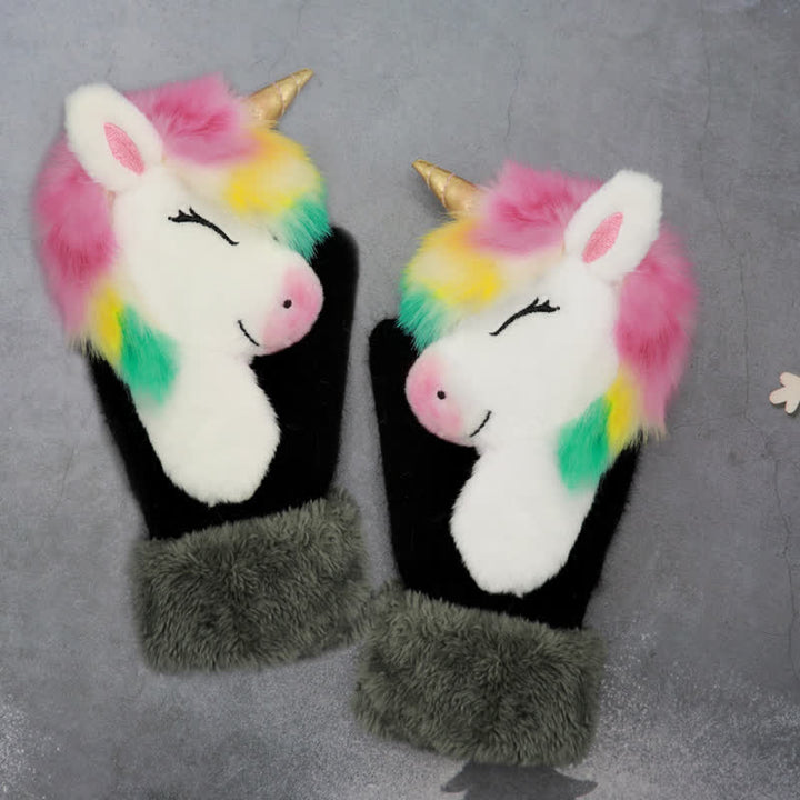 Women's Cute Animal Furry Mittens Gloves - Squint-Eyed Unicorn - image 11