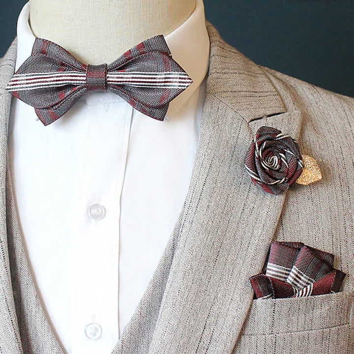 3Pcs Men's Horizon Striped Plaid Bow Tie Set - Pointy - Red - image 9