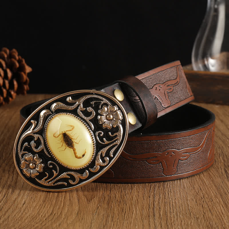 Men's Animal Scorpion Flower Buckle Leather Belt - Coffee - 40 - image 0