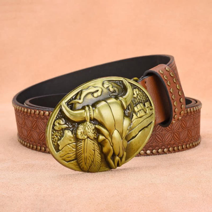 Men's Bull Head Buckle Rivet Decor Leather Belt - image 12