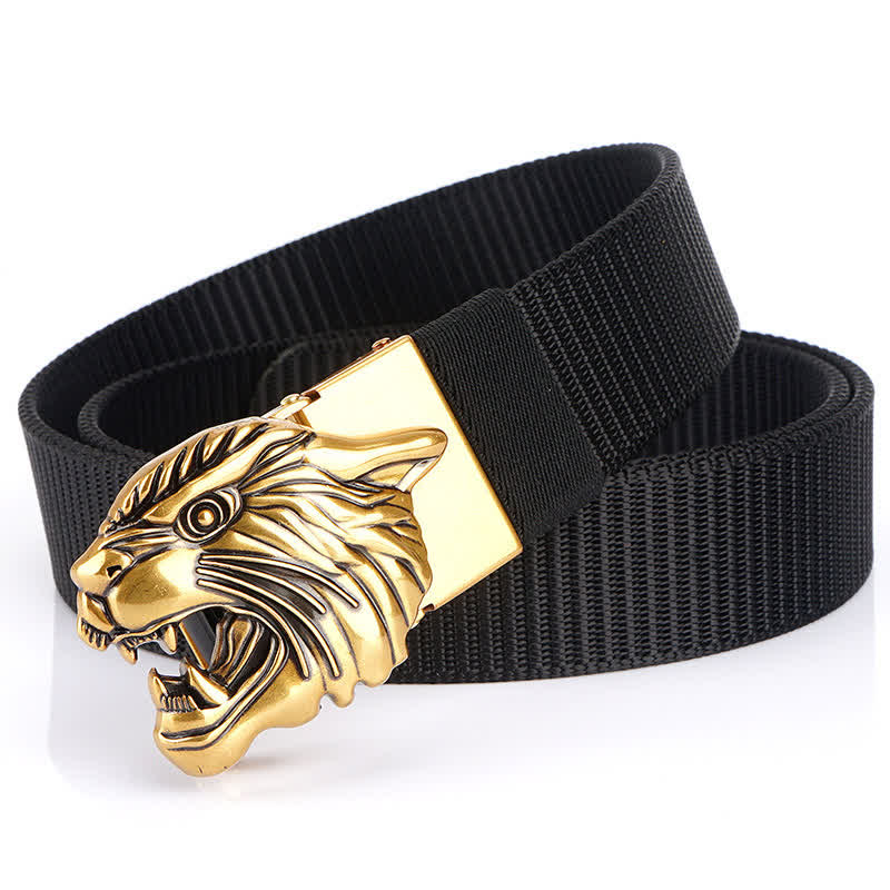 Men's Roaring Tiger Head Nylon Belt - Black / Gold - 48" - image 8