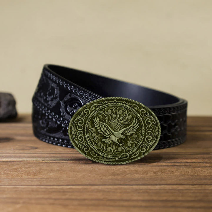 Men's DIY Soaring Eagle Engraved Floral Buckle Leather Belt - Antique Bronze - Black Carved Belt (40) - image 14
