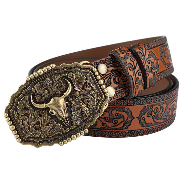 Men's Classic Floral Bull Skull Leather Belt - image 1