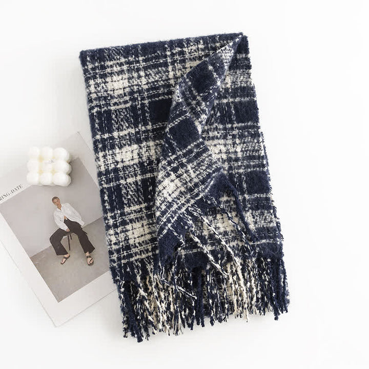 Women's Elegant Shawl Checkered Daily Scarf - Navy - image 5