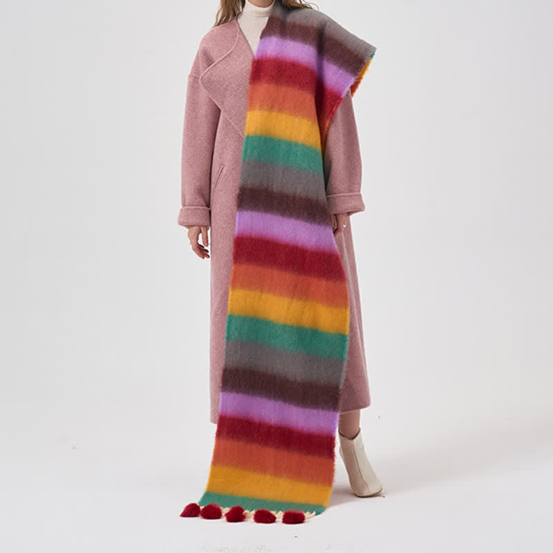 Women's Rainbow Color Striped Tassel Scarf - Red - image 2