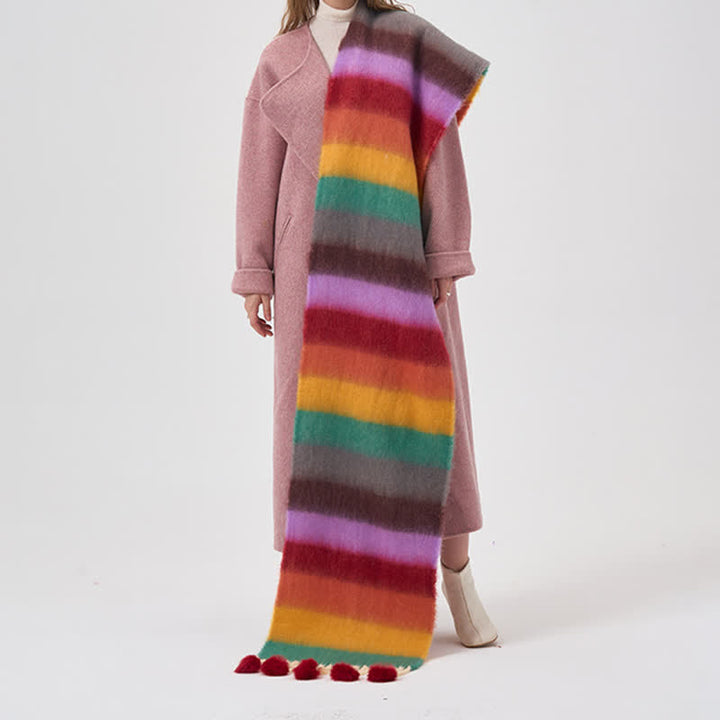 Women's Rainbow Color Striped Tassel Scarf - Red - image 2