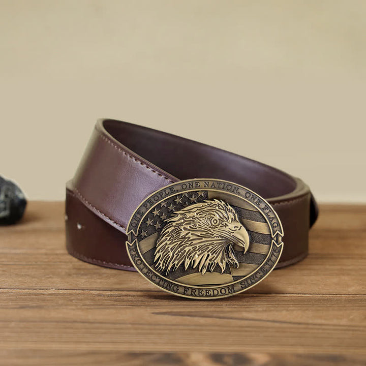 Men's DIY Patriotic Bald Eagle USA Flag Buckle Leather Belt - Antique Bronze - Brown PU Belt (40) - image 11
