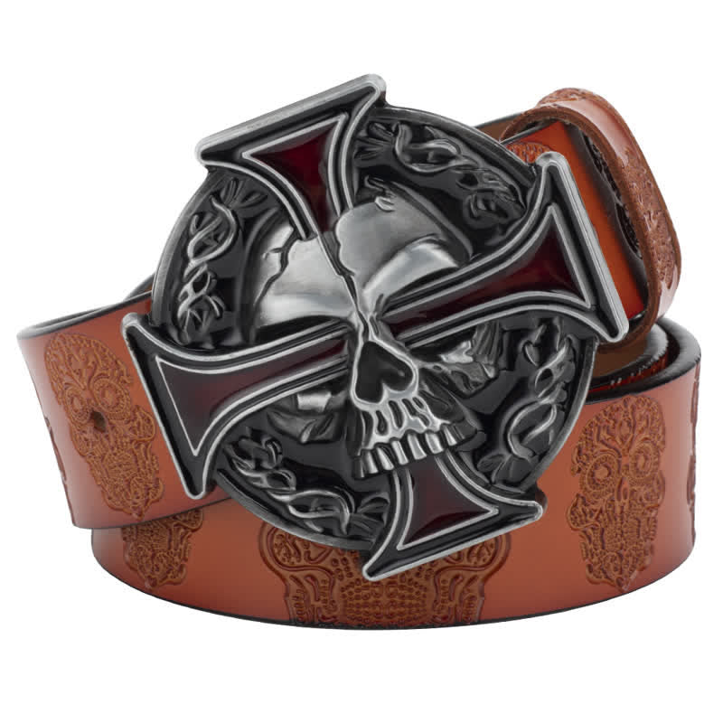 Men's Cross Skull Embossed Pattern Leather Belt - Yellowish-Brown / Silver - 46 - image 9