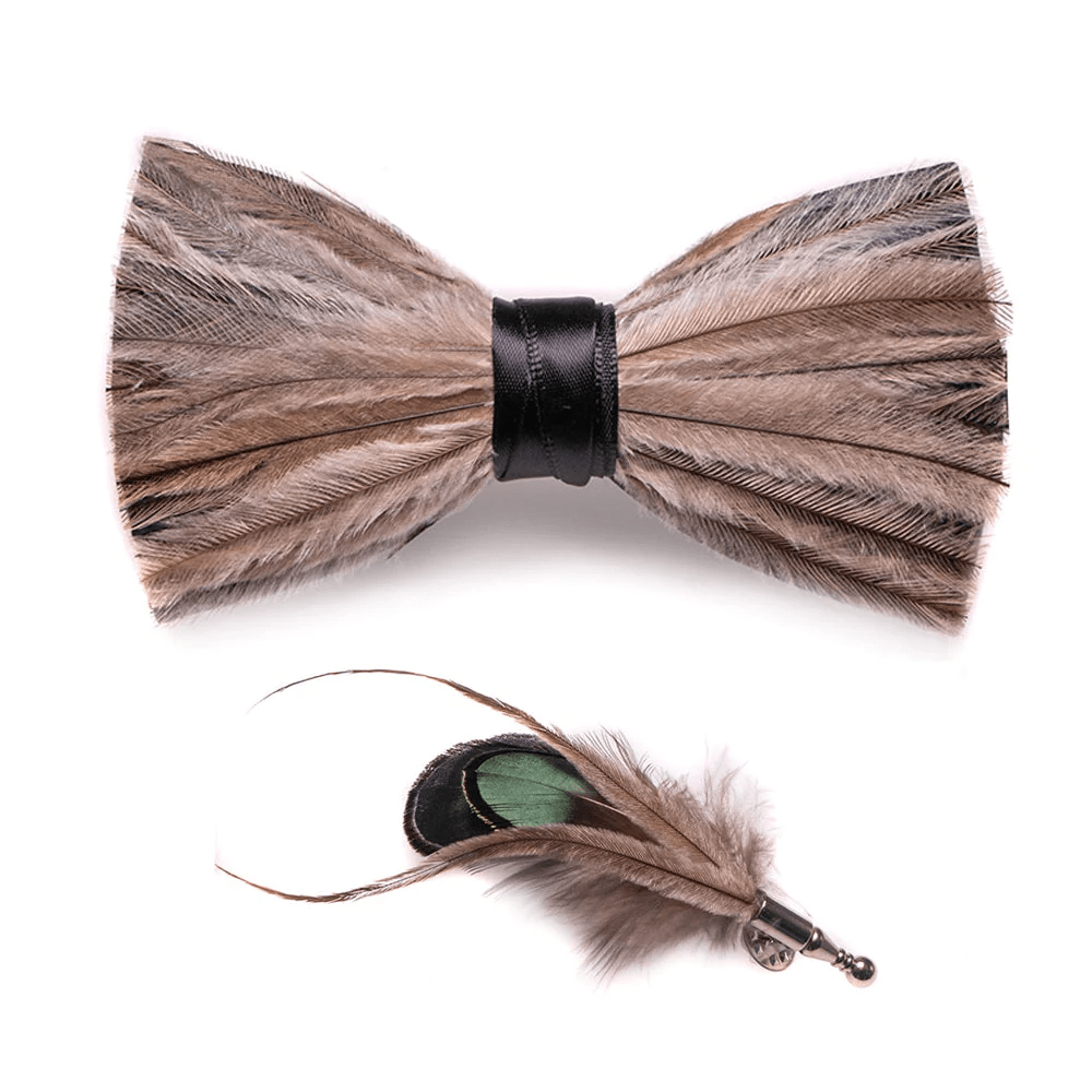 Brown & Gray Peace Feather Bow Tie with Lapel Pin - image 2