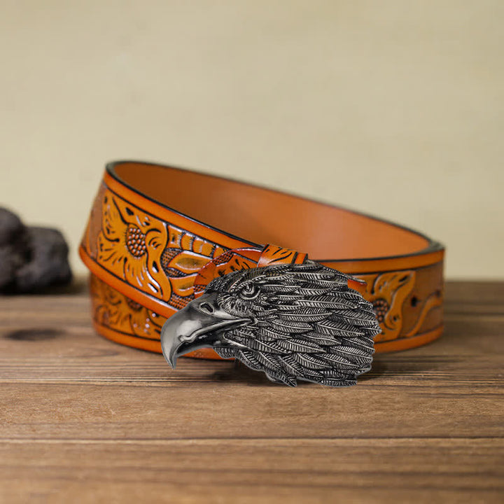 Men's DIY 3D Bald Eagle Head Buckle Leather Belt - Eagle Head - Orange Carved Belt (40) - image 16