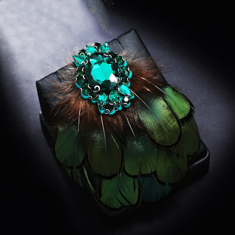 Women's Dark Green Crystal Feather Brooch - Green - image 4