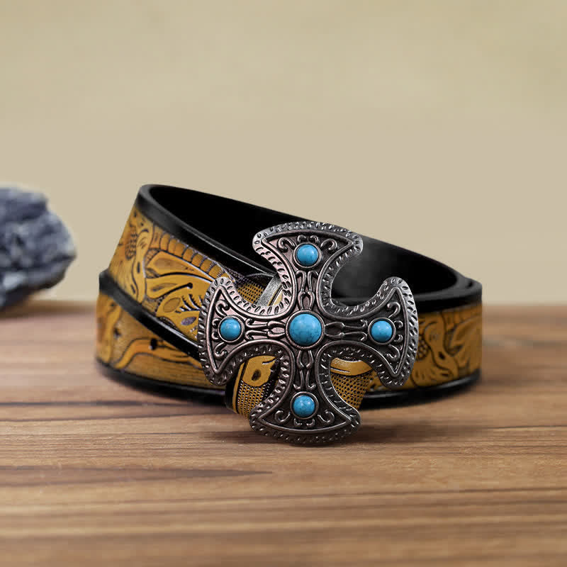 Men's DIY Retro Turquoise Stone Cross Buckle Leather Belt - Cross - SandyBrown Belt (40) - image 12