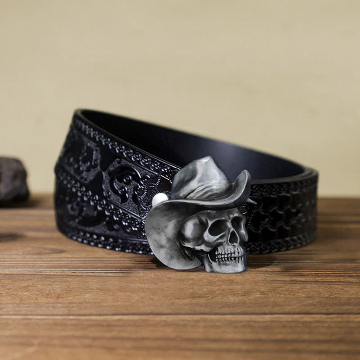 Men's DIY Creative Skull Head With Hat Buckle Leather Belt - Skull Head - Black Carved Belt (40) - image 9