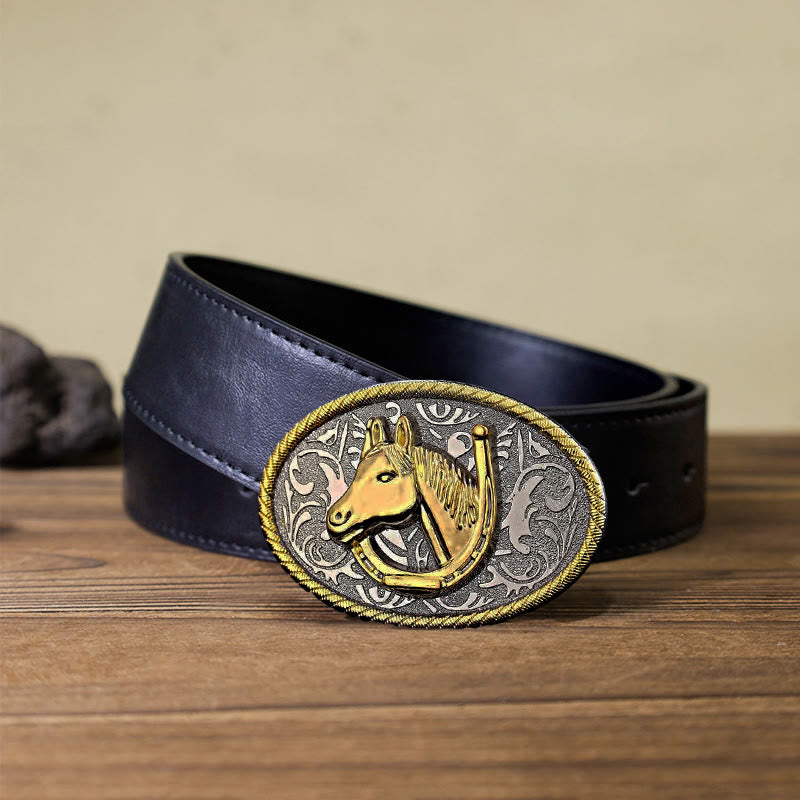 Men's DIY Golden Horseshoe Buckle Leather Belt - Horseshoe - Black PU Belt (40) - image 3