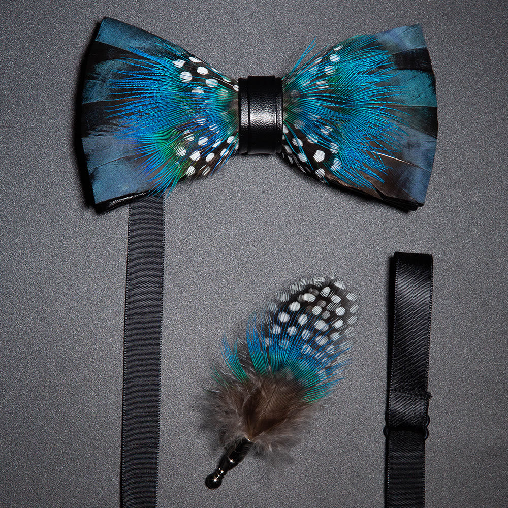 Blue & Black Peacock Feather Bow Tie with Lapel Pin - Blue & Black - image 0