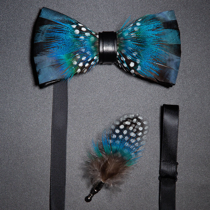 Blue & Black Peacock Feather Bow Tie with Lapel Pin - Blue & Black - image 0