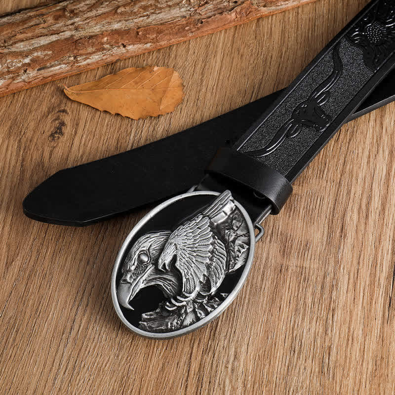 Men's Carved Bald Hawk Eagle Buckle Leather Belt - image 8