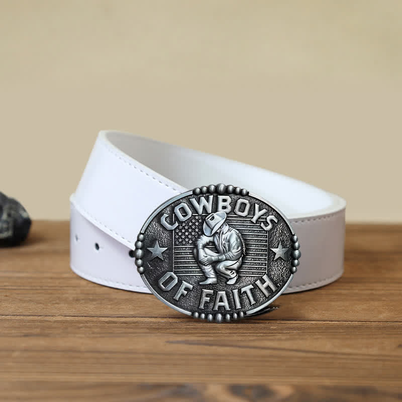 Men's DIY Cowboys Of Faith Buckle Leather Belt - Antique Silver - White PU Belt (40) - image 8