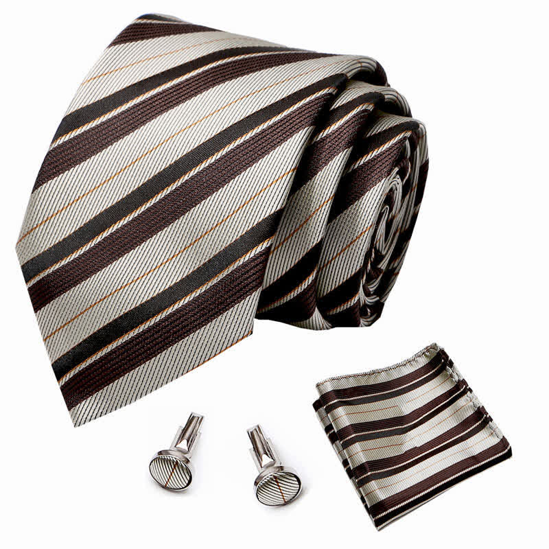 3Pcs Men's Champagne & Coffee Striped Necktie Set - image 1