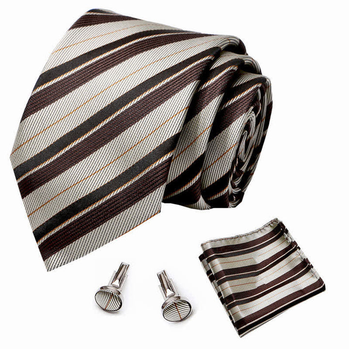 3Pcs Men's Champagne & Coffee Striped Necktie Set - image 1