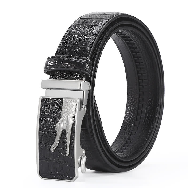 Men's Crocodile Pattern Automatic Buckle Leather Belt - Style #4 - Black / Silver - 44 - image 18