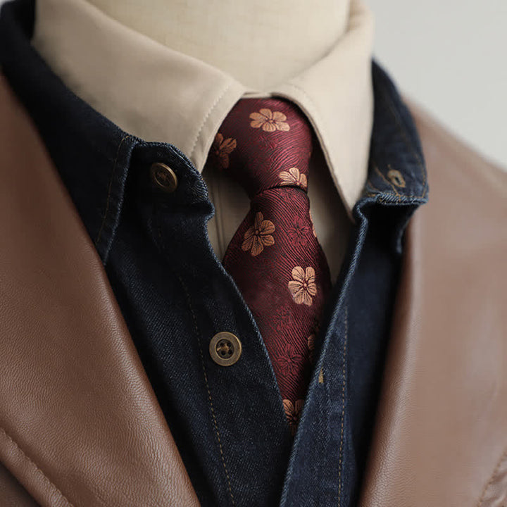Men's Garden Motif Embroidery Zipper Necktie - Burgundy Flower - image 0