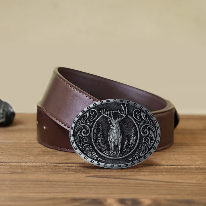 Men's DIY Deer Hunter American Flag Buckle Leather Belt - Silver Deer - Brown PU Belt (40) - image 23