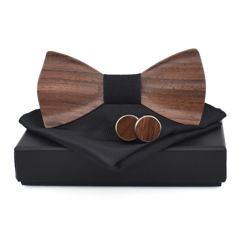 3Pcs Men's Plain Checkered Wooden Bow Tie Set - Black - image 1