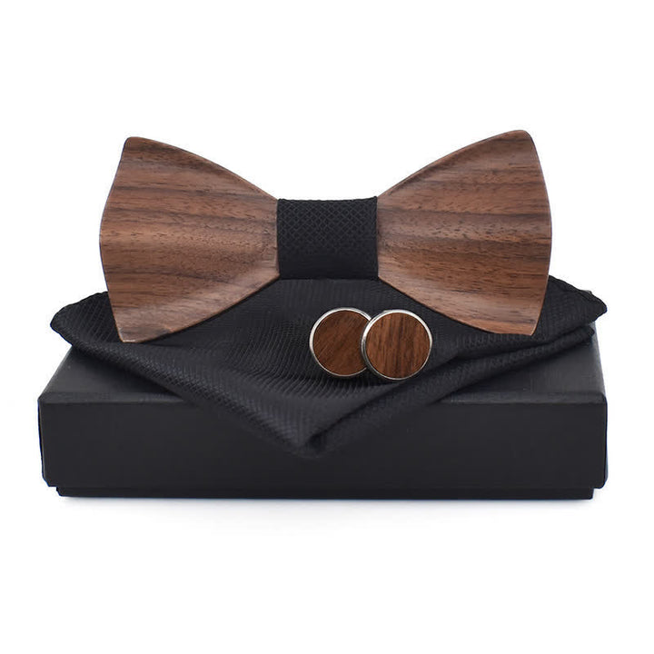 3Pcs Men's Plain Checkered Wooden Bow Tie Set - Black - image 1