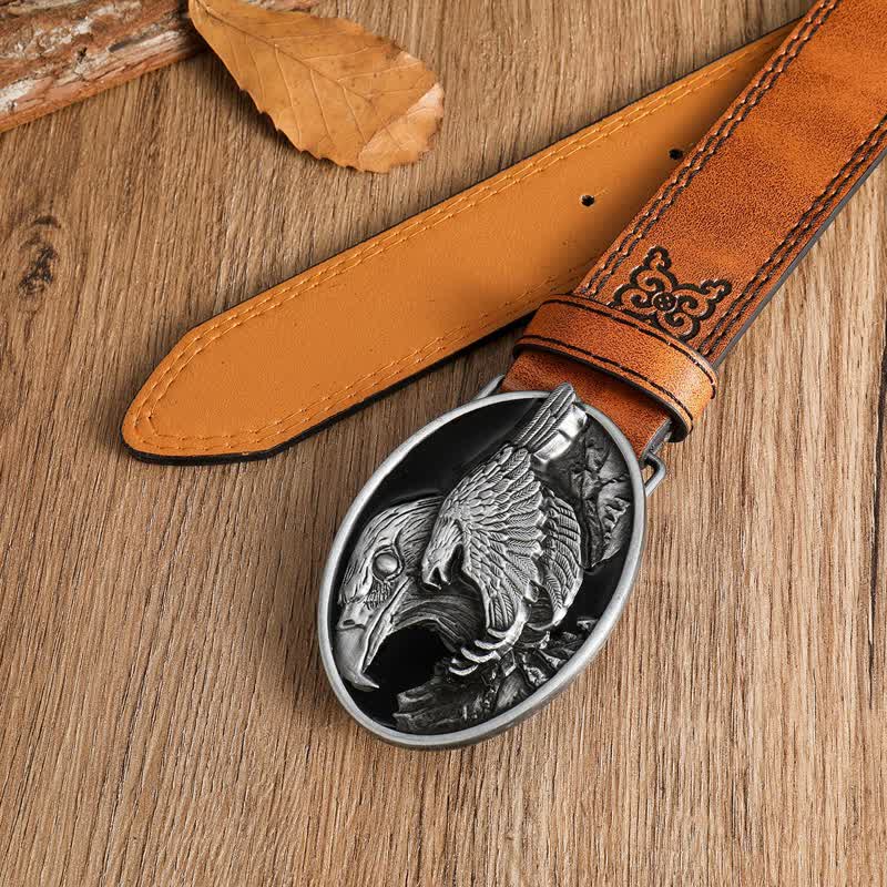 Men's Carved Bald Hawk Eagle Buckle Leather Belt - image 3
