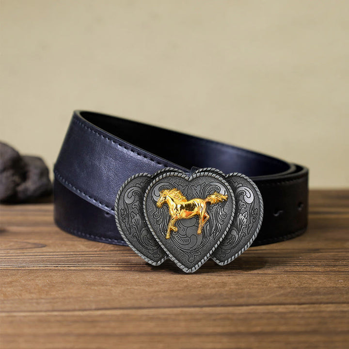 Men's DIY Horse Triple Heart Shaped Buckle Leather Belt - Horse - Black PU Belt (40) - image 3