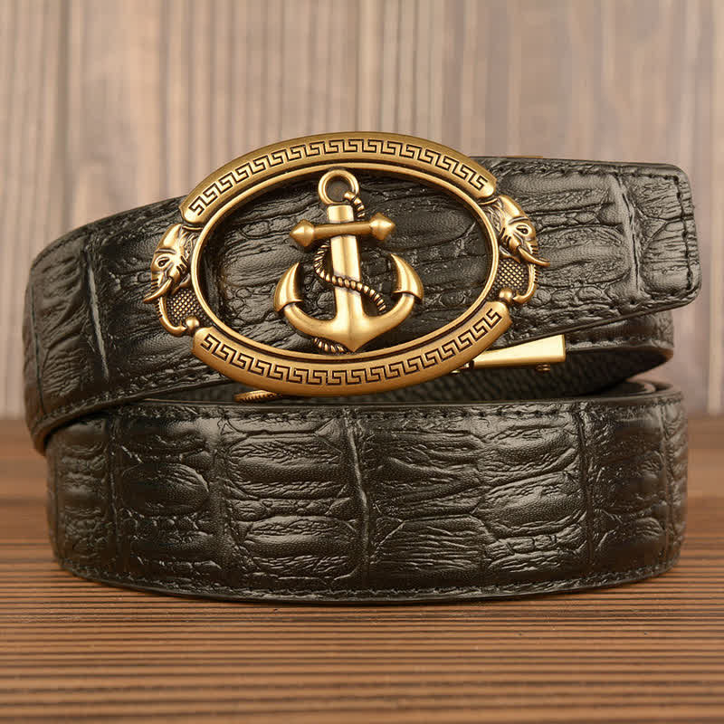 Men's Nautical Anchor Crocodile Embossed Leather Belt - Gold & Black - Crocodile Skin - 44 - image 0