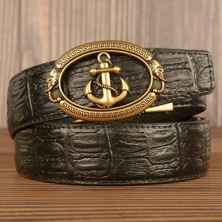 Men's Nautical Anchor Crocodile Embossed Leather Belt - Gold & Black - Crocodile Skin - 44 - image 0
