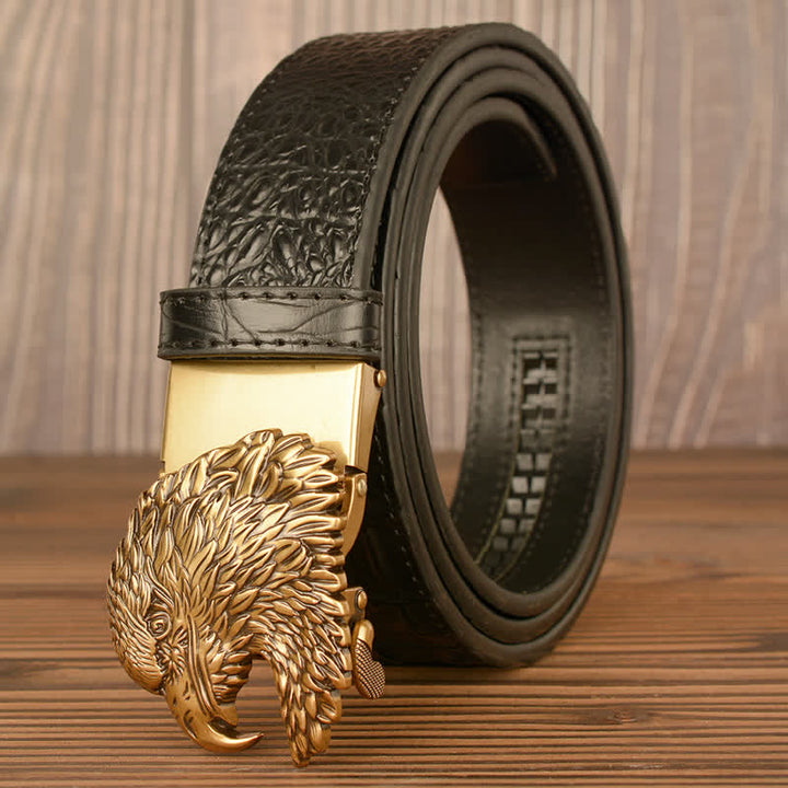 Men's Eagle Head Crocodile Embossed Leather Belt - Gold & Black - 46 - image 11